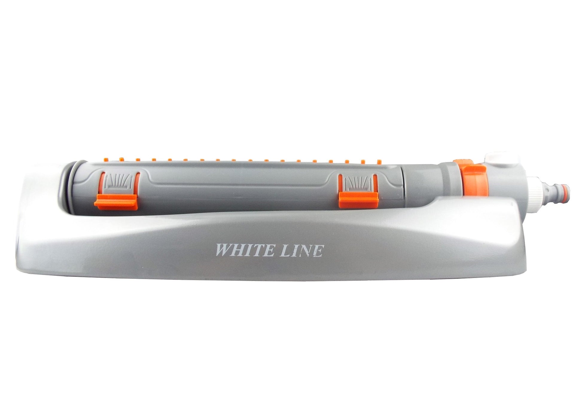 White Line oscillating sprinkler, gray housing with orange end ring and hose connector