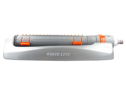 White Line oscillating sprinkler, gray housing with orange end ring and hose connector
