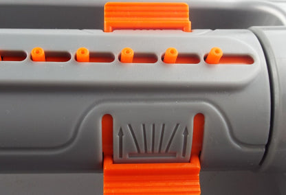Sprinkler spray pattern adjustment section with orange lever and ridged gray insert
