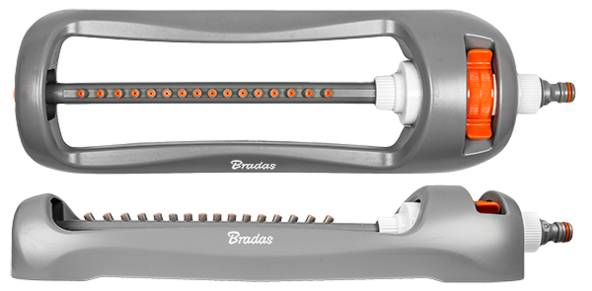 Oscillating sprinkler with gray frame, orange dial, and central spray-bar outlets