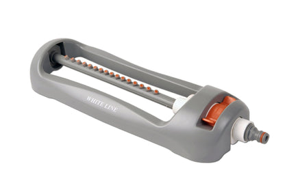 Compact oscillating sprinkler, gray body, orange control knob, and white line label