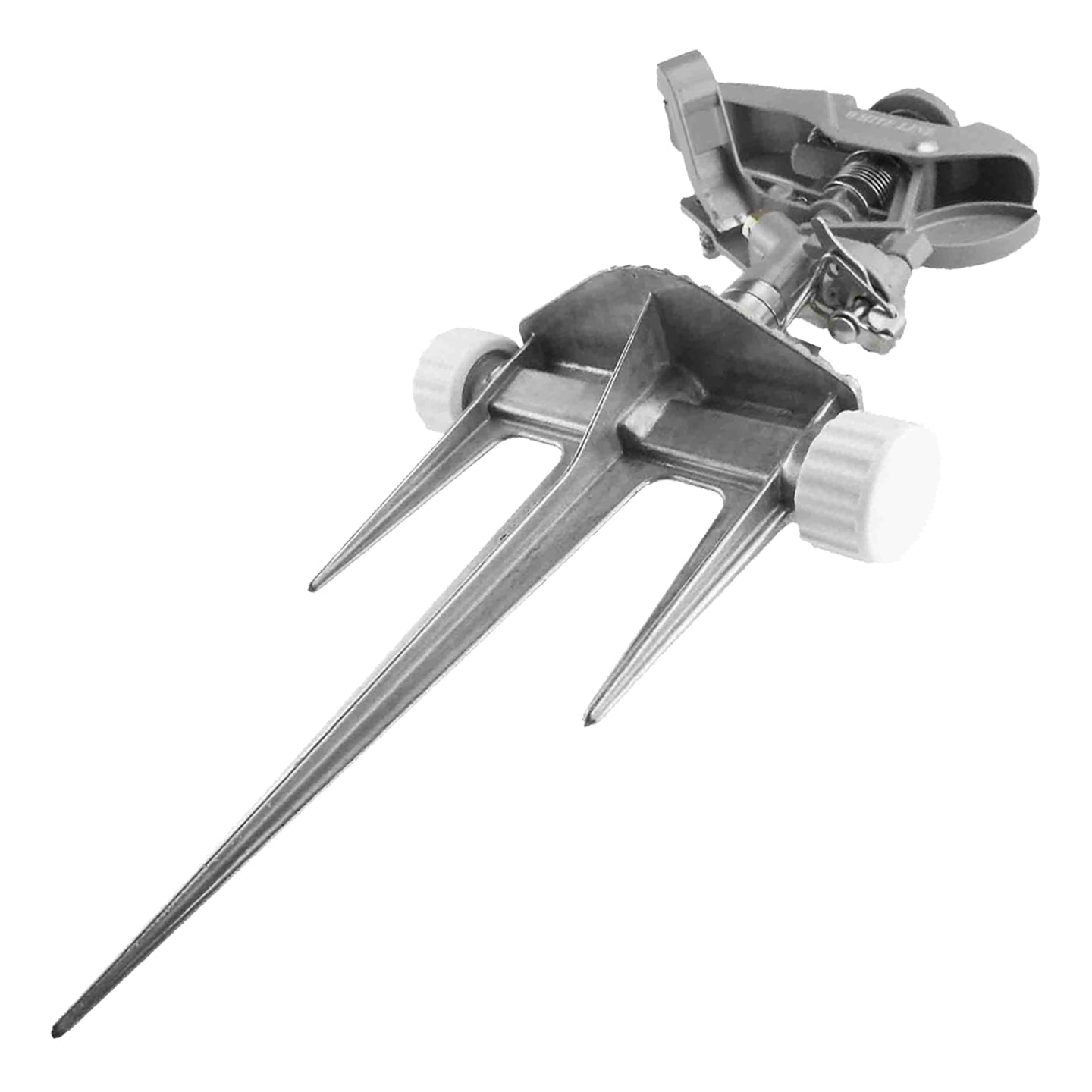 Metal pulsating sprinkler with three-point spikes and side-mounted nozzle