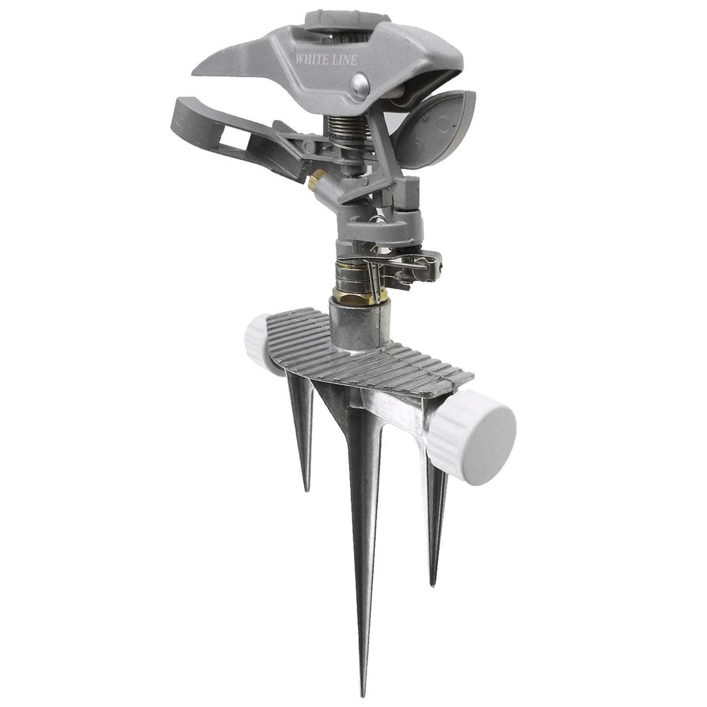 Pulsating lawn sprinkler with adjustable nozzle and white end cap