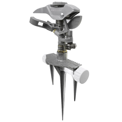 Pulsating lawn sprinkler with adjustable nozzle and white end cap