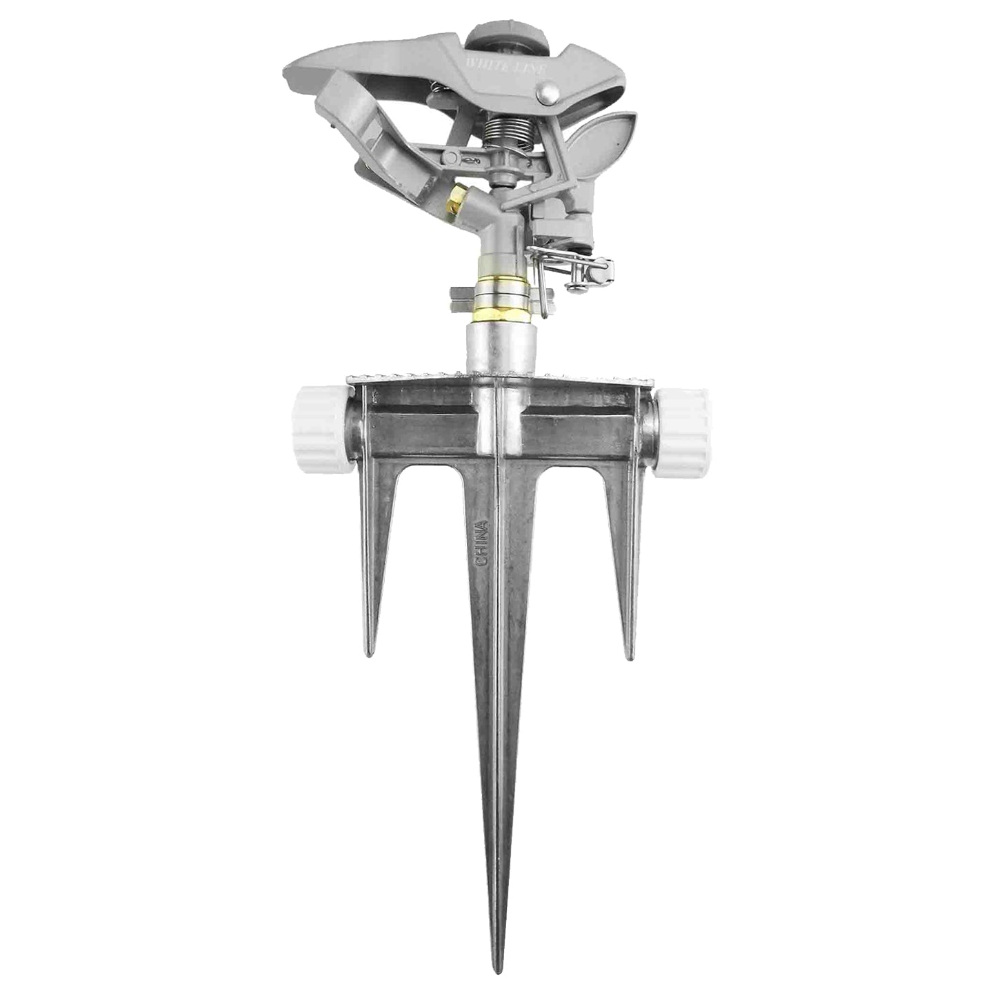 Pulsating lawn sprinkler head with metal spikes and white plastic end caps