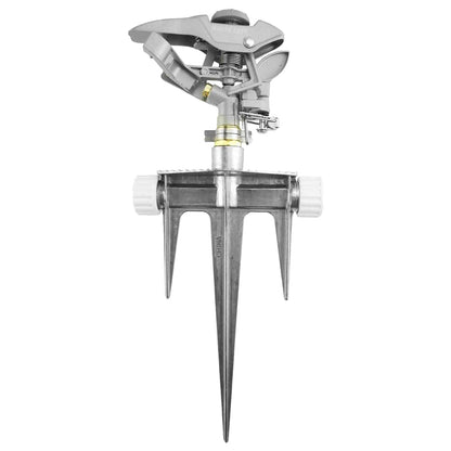 Pulsating lawn sprinkler head with metal spikes and white plastic end caps