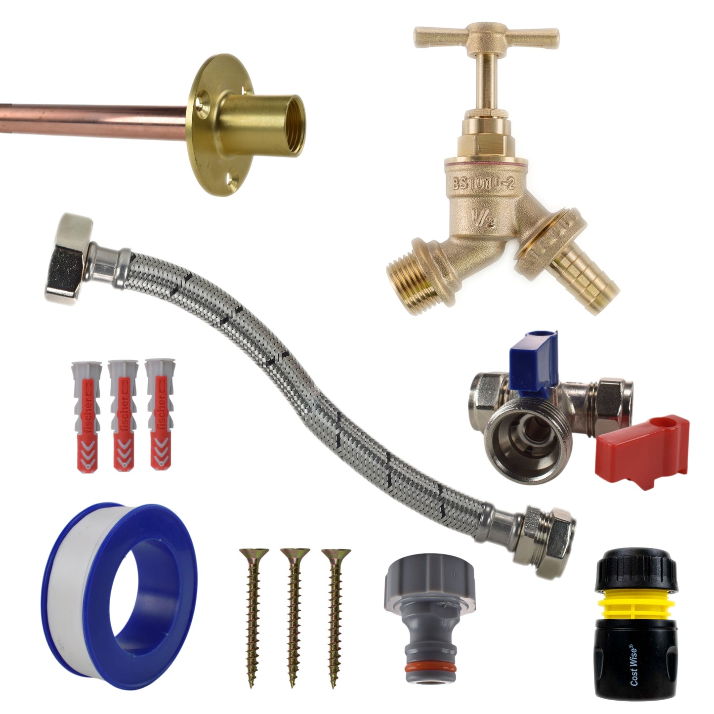 Brass barbed bib tap kit: braided hose, brass valve, fittings, screws and connectors