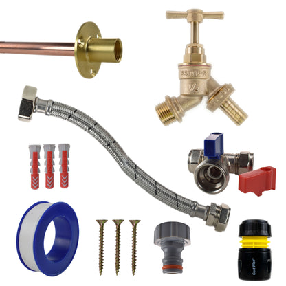 Brass barbed bib tap kit: braided hose, brass valve, fittings, screws and connectors