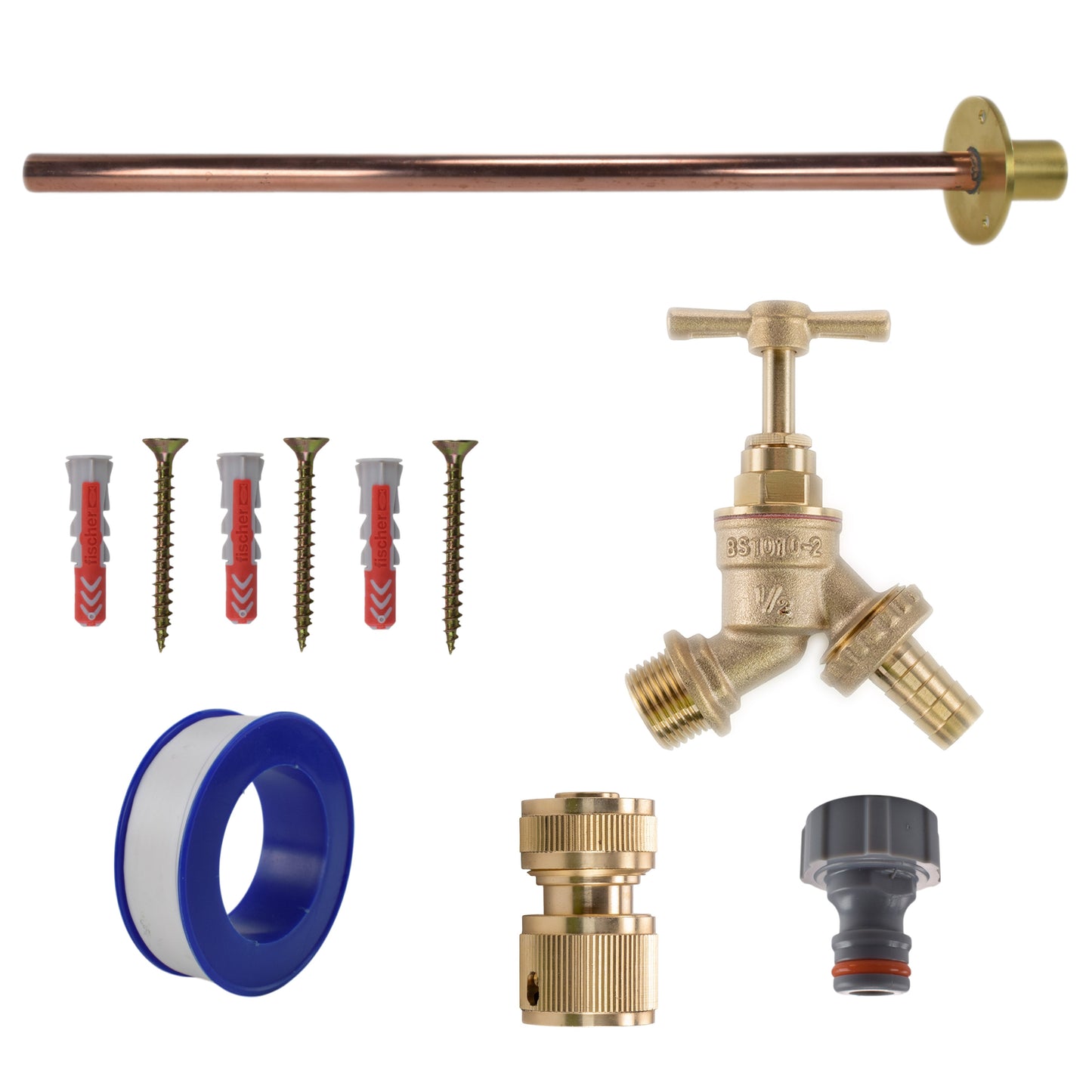 Brass barbed bib tap kit with blue hose adapter, white connector, and black quick coupling