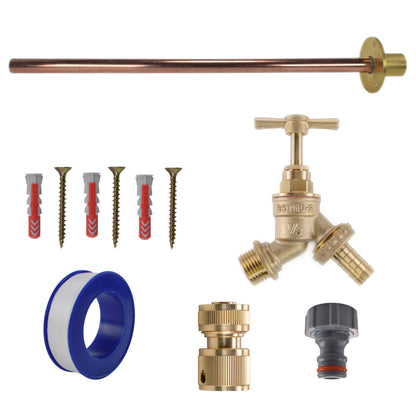 Brass barbed bib tap kit with blue hose adapter, white connector, and black quick coupling
