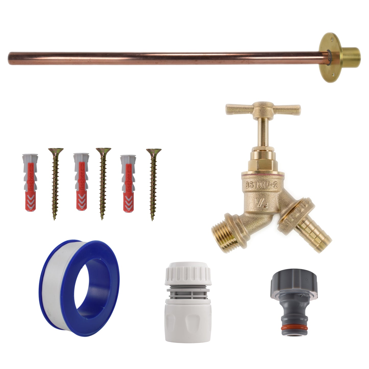 Brass barbed bib tap kit with blue hose adapter, white connector, and black quick coupling