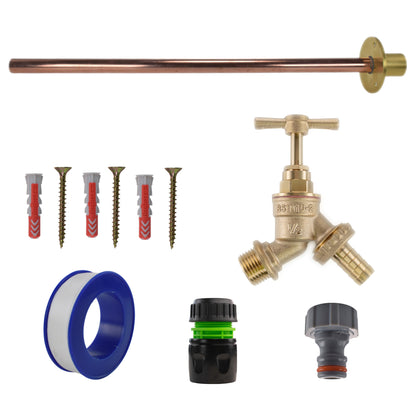 Brass barbed bib tap kit with blue hose adapter and brass hose connector