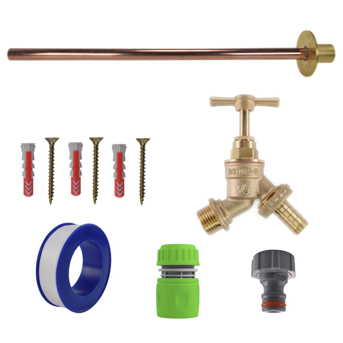 Brass barbed bib tap kit with blue hose adapter, lime connector, and black quick coupling