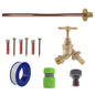 Brass barbed bib tap kit with blue hose adapter, lime connector, and black quick coupling