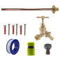Brass barbed bib tap kit with blue hose adapter, lime connector, and quick coupling
