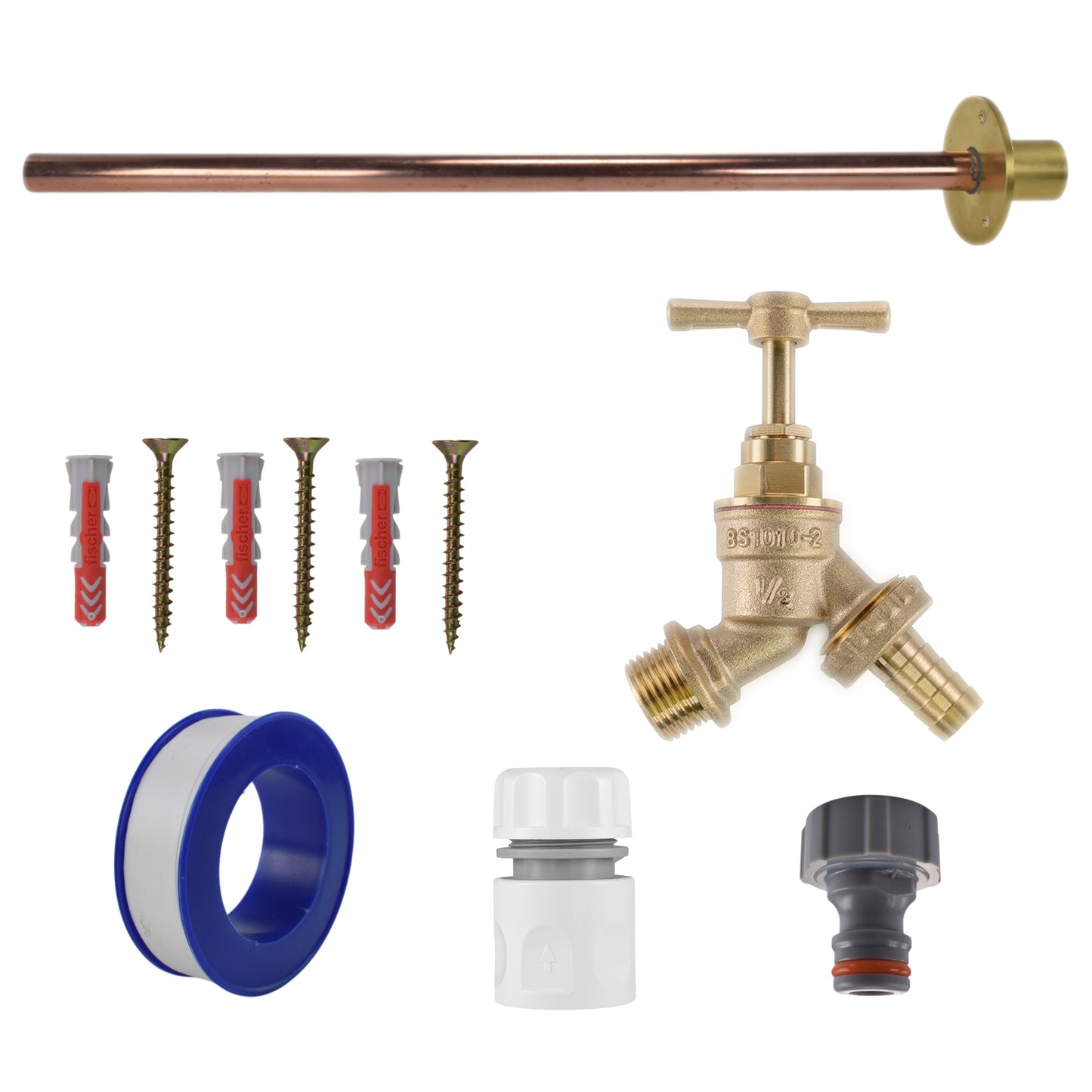Brass barbed bib tap kit with blue hose adapter, white connector, and quick coupling