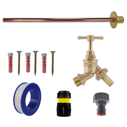 Brass barbed bib tap kit with blue hose adapter, black/yellow connector, and quick coupling