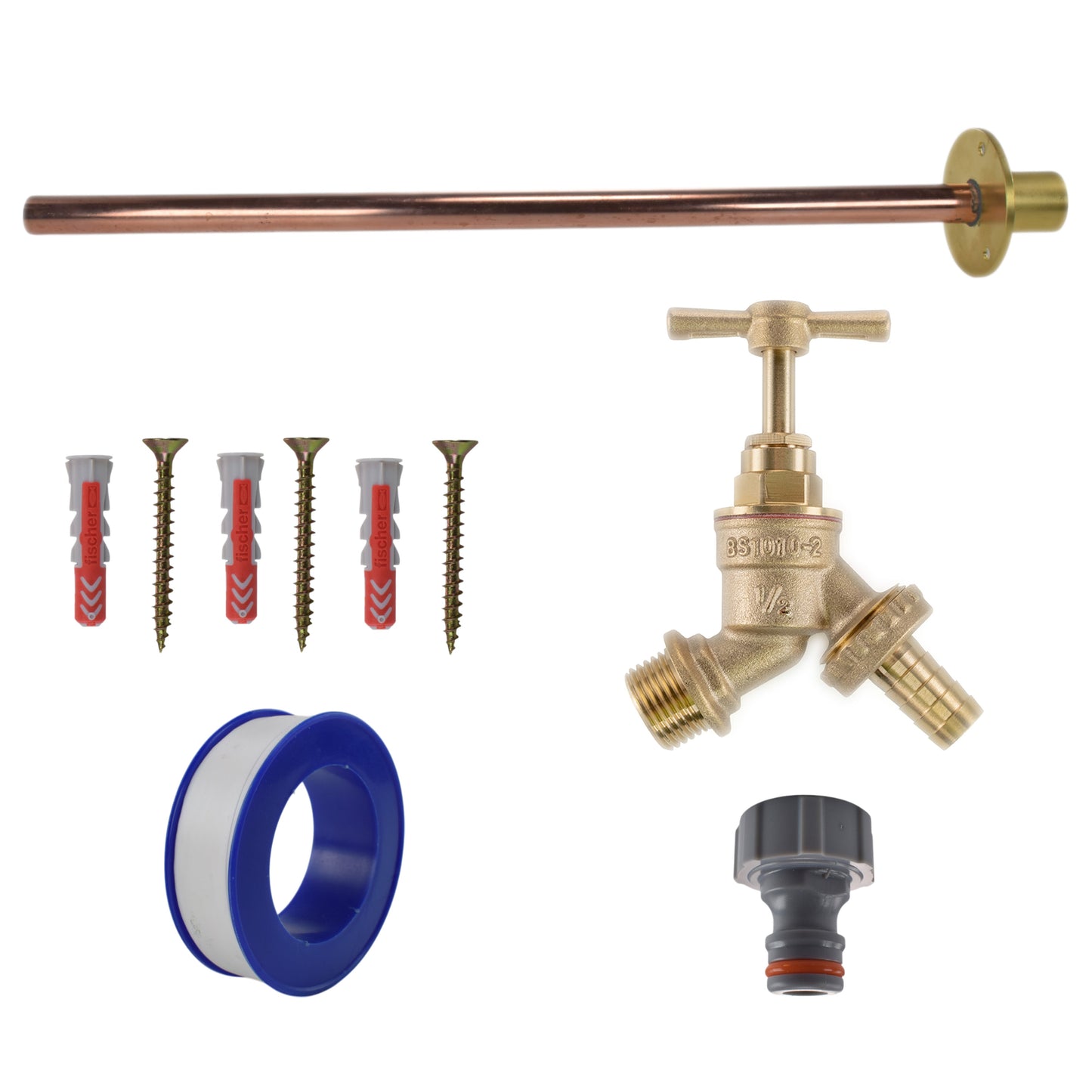 Brass barbed bib tap basic connection kit with blue hose adapter and quick connector