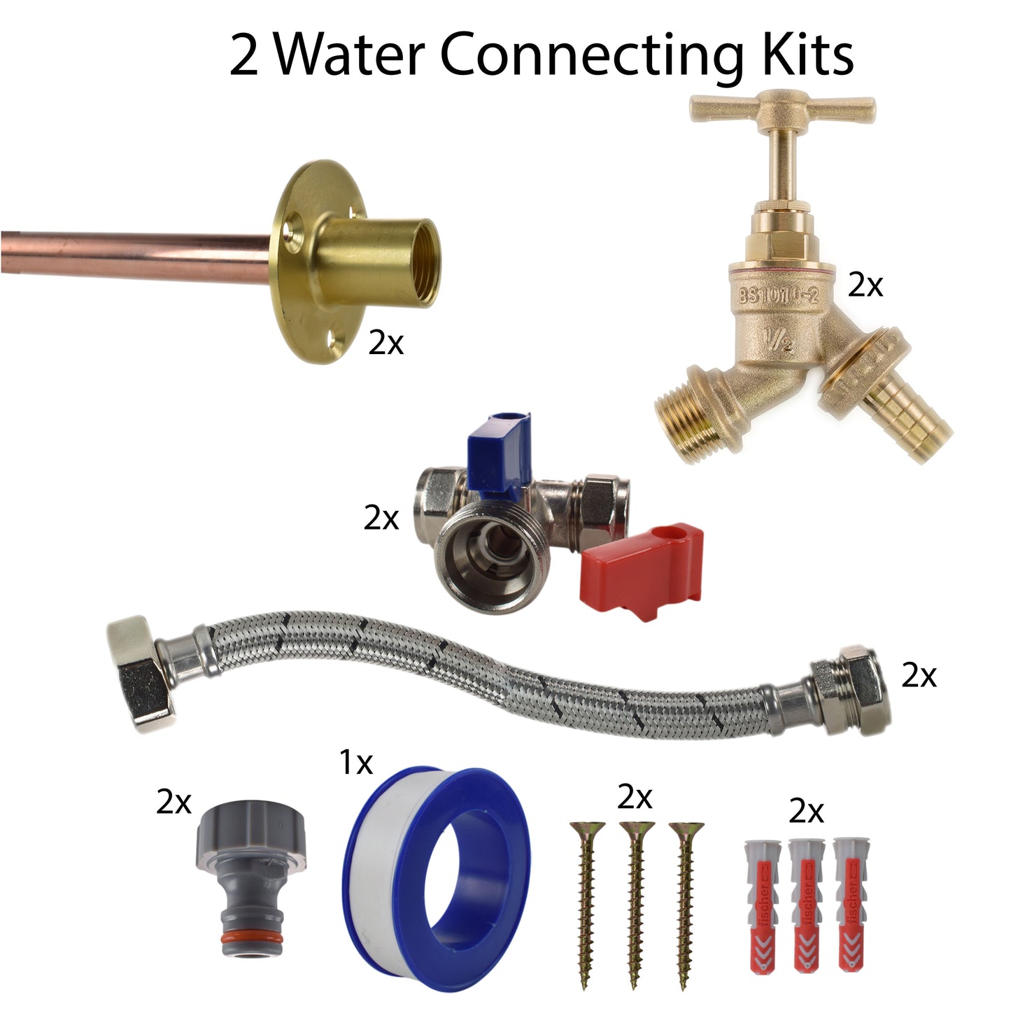 Brass Barbed Bib Standard Kit: 2 Wasseranschluss-Sets mit Ventiladaptern und Schläuchen
