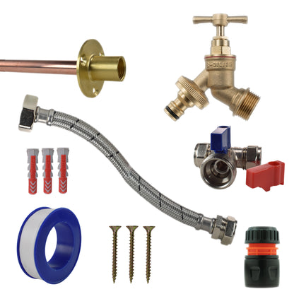 Brass quick connect tap standard kit: brass bib valve, braided hose, orange/black hose connector