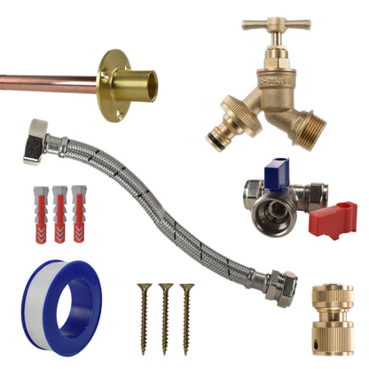 Brass quick connect tap standard kit: brass bib valve, braided hose, brass hose connector