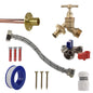 Tap connection kit with braided hose, brass valve, white hose connector and mounting screws