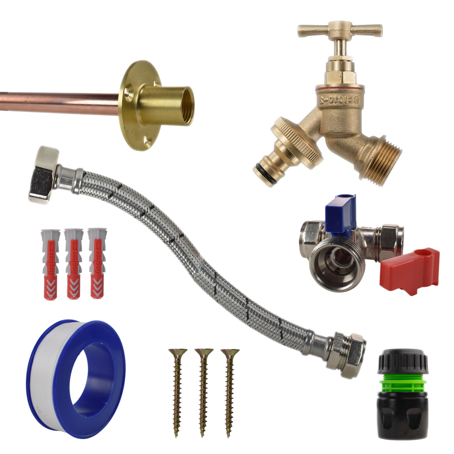 Brass quick connect tap standard kit: brass bib valve, braided hose, green/black hose connector