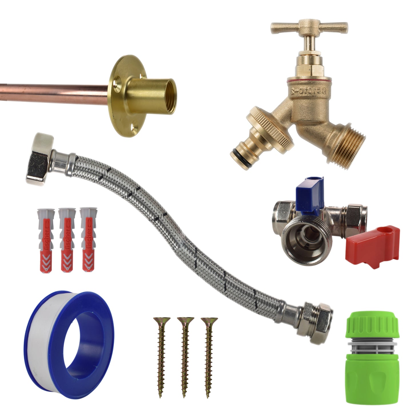 Tap connection kit with braided hose, brass valve, green hose connector and extra fittings