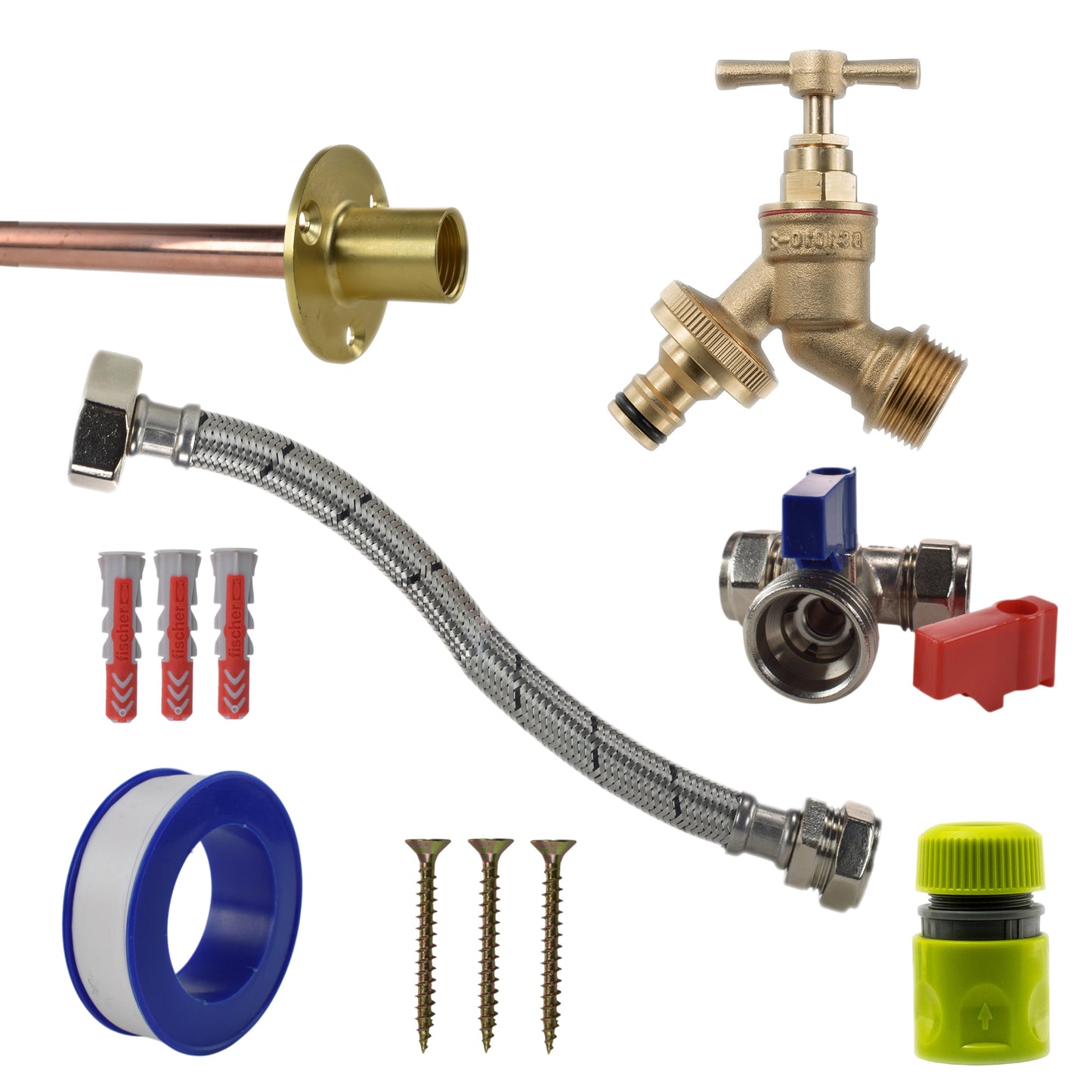 Tap connection kit with braided hose, brass valve, green hose connector and mounting screws