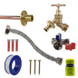 Tap connection kit with braided hose, brass valve, green hose connector and mounting screws