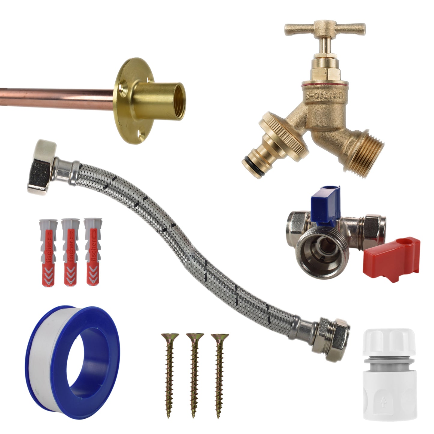 Tap connection kit with brass valve, braided hose, blue and white hose connectors, screws