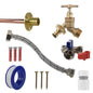 Tap connection kit with brass valve, braided hose, blue and white hose connectors, screws