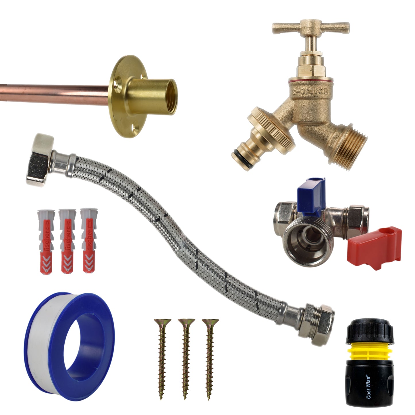 Brass quick connect tap standard kit: brass bib valve, braided hose, yellow/black hose connector