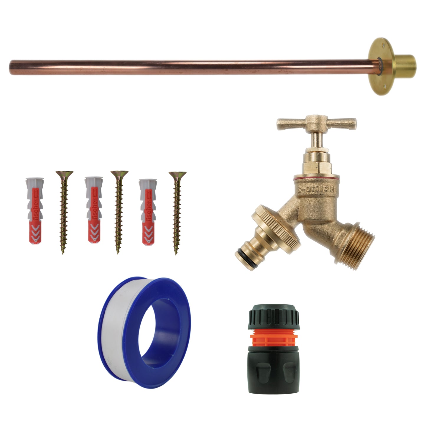 Brass tap kit with blue hose adaptor, black quick-connect and orange line