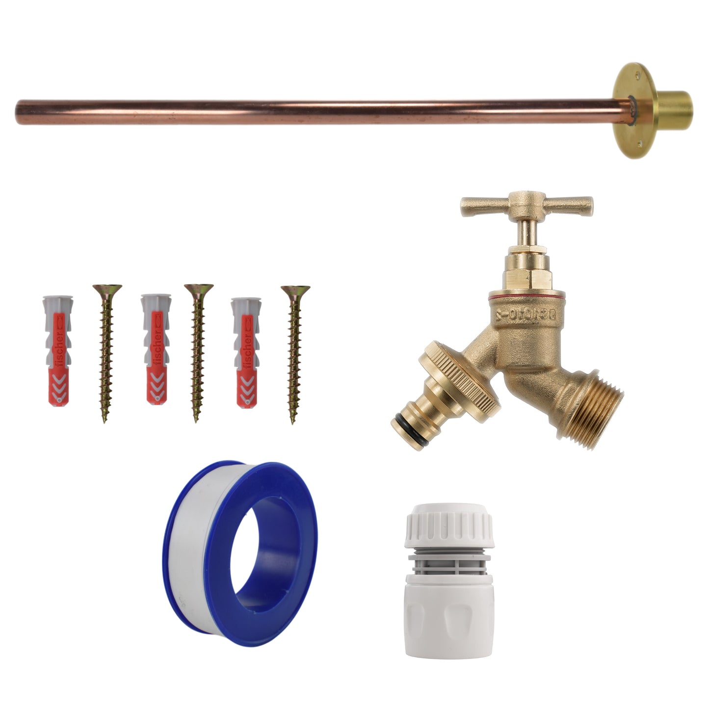 Brass Quick Connect Basic Tap Kit: bib tap, blue hose adaptor and white connector