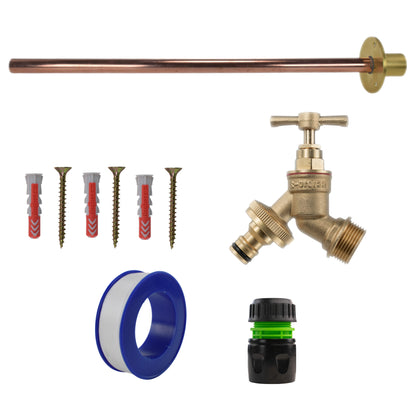Brass tap kit with blue hose adaptor, black quick-connect and green line