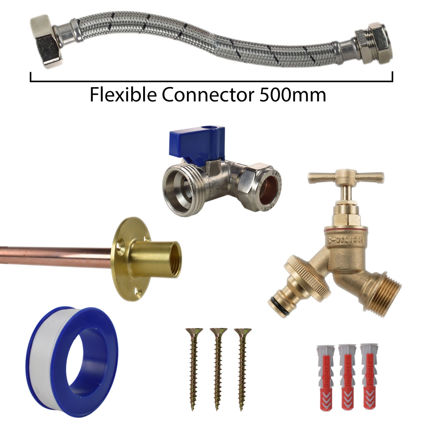 Tap connection kit with 500mm braided connector, blue-line fitting and brass tap parts