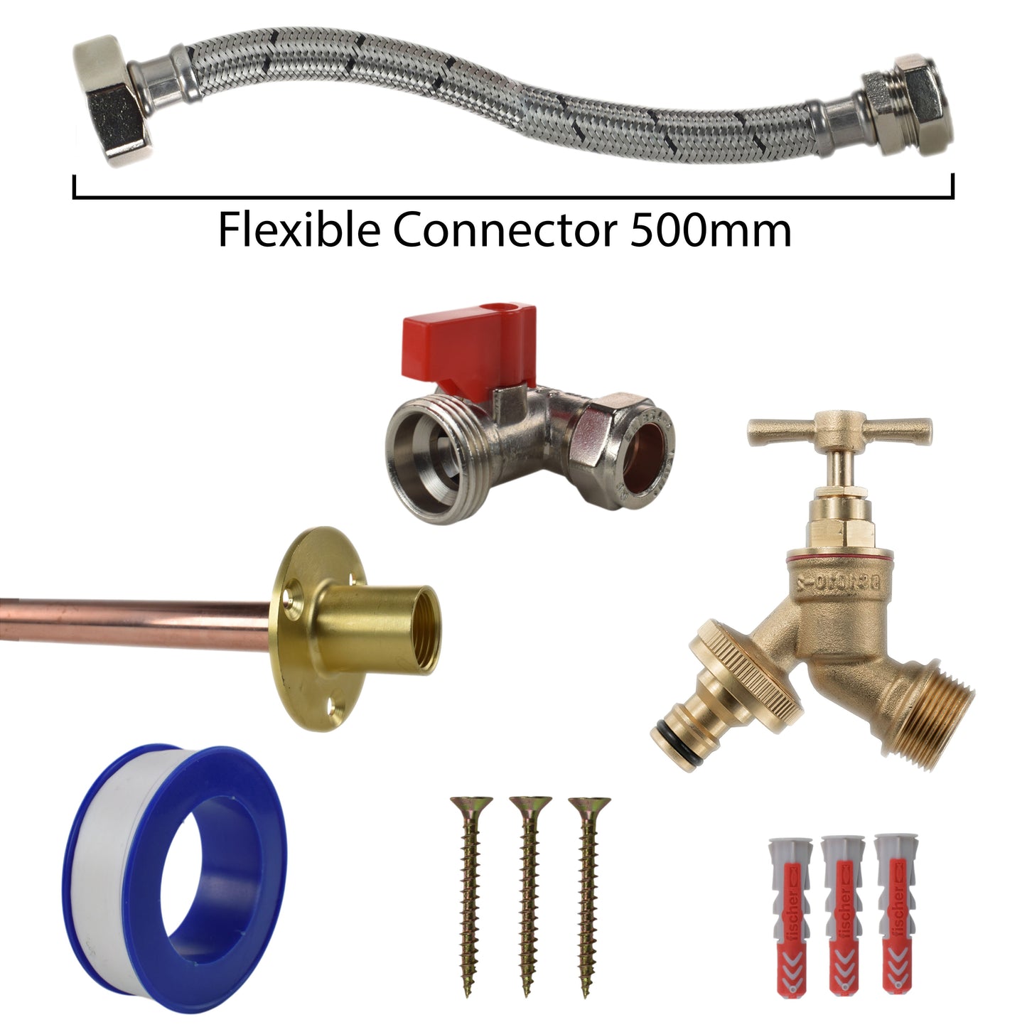 Tap connection kit with 500mm braided connector, red-line fitting and brass tap parts