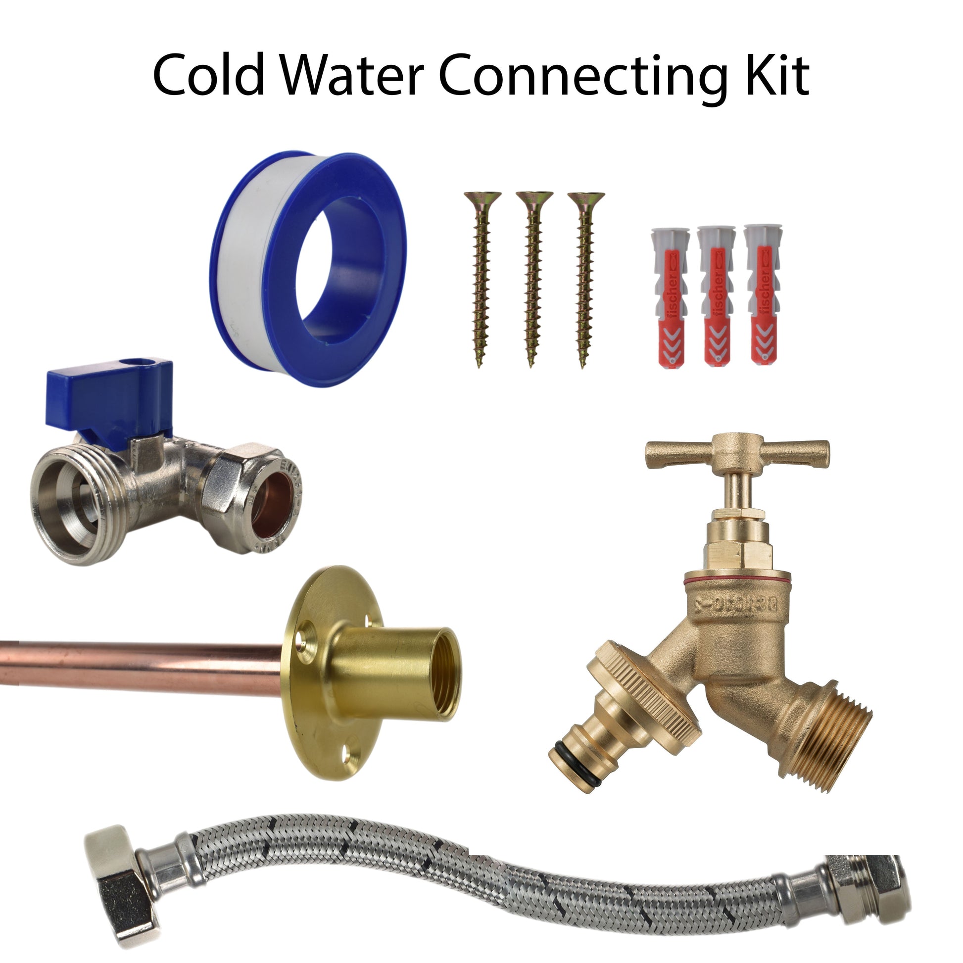 Cold water connecting kit with brass tap, braided hose, blue sleeve, and mounting screws