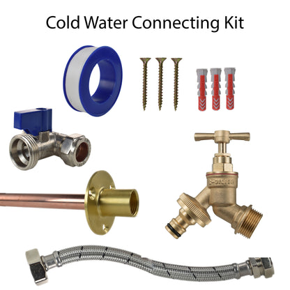 Cold water connecting kit with brass tap, braided hose, blue sleeve, and mounting screws