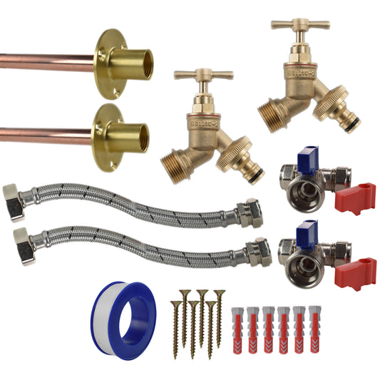 Brass quick connect bib tap standard kit with 2x brass fittings, braided hoses, screws