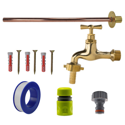 Basic connection kit: polished brass tap with lime-green hose connector, screws and plugs