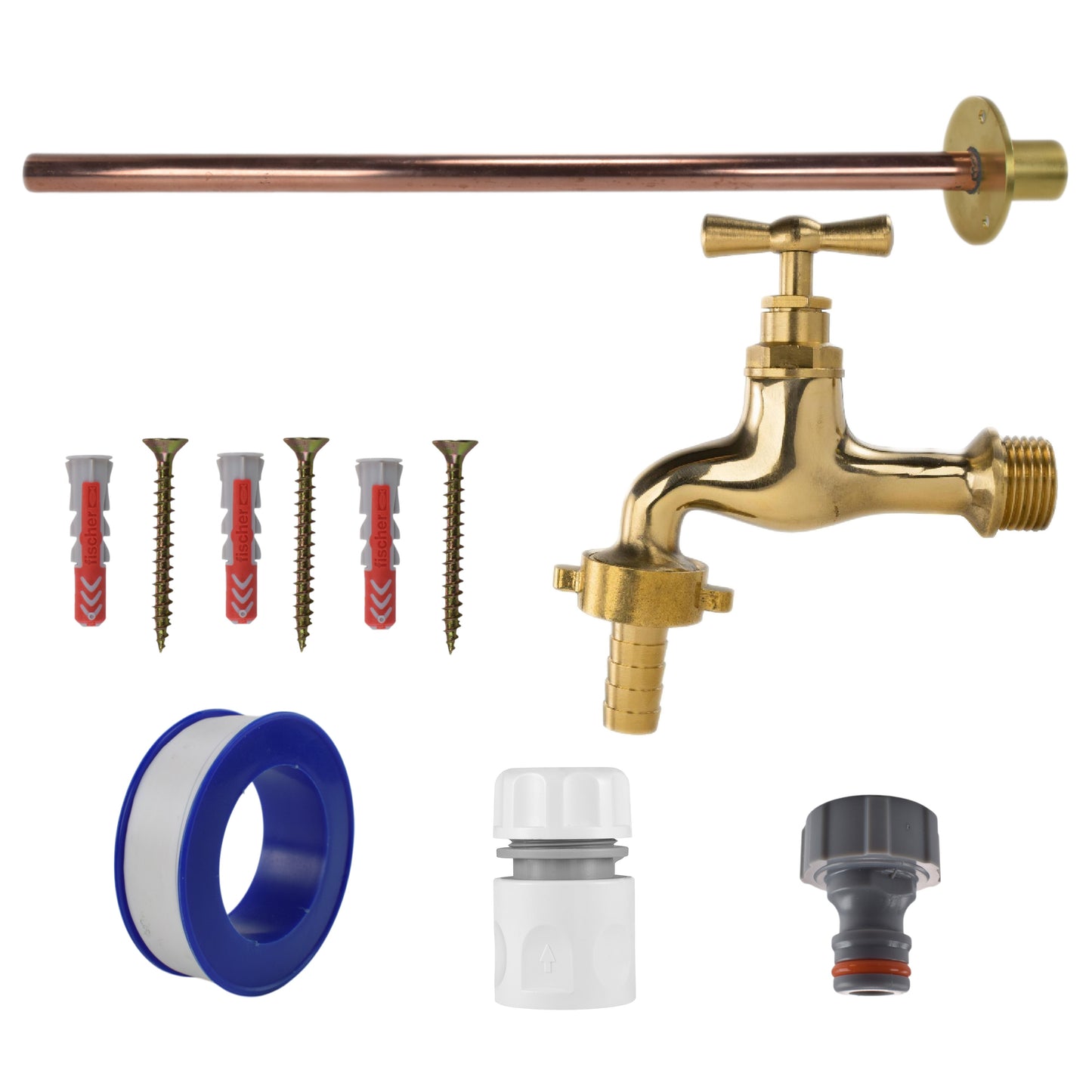 Basic connection kit: polished brass tap with blue hose connector, screws and plugs