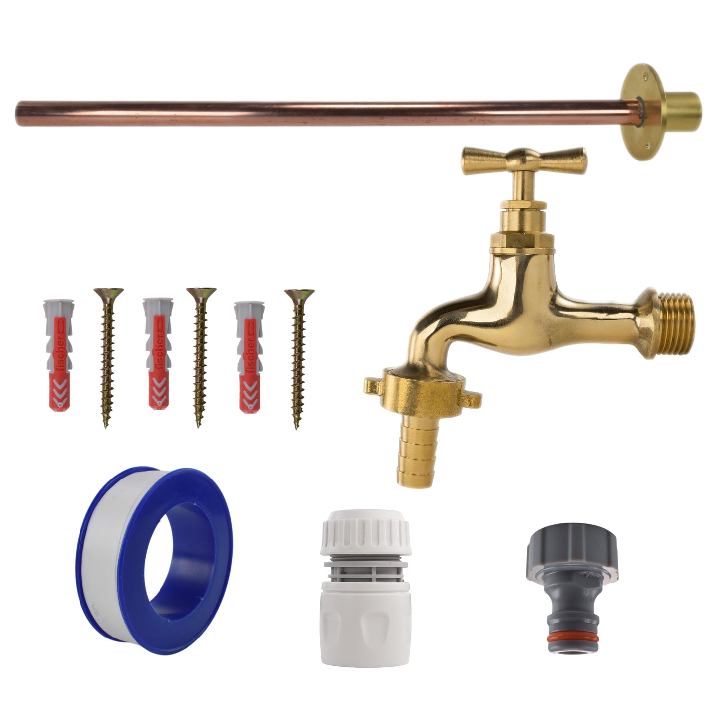 Basic connection kit: polished brass tap with white hose connector, screws and plugs