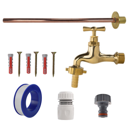 Basic connection kit: polished brass tap with white hose connector, screws and plugs