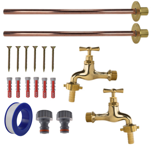 Polished Brass 13mm Barb Tap Basic Connection Kit x2 mit blauen Schlauchanschlüssen