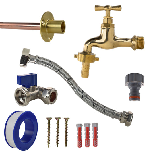 Polished brass 13mm barb tap kit with braided flex hose, wall flange and fixings