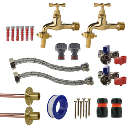 Polished brass 13mm barbed tap kit x2 with orange line hose connectors and braided hoses