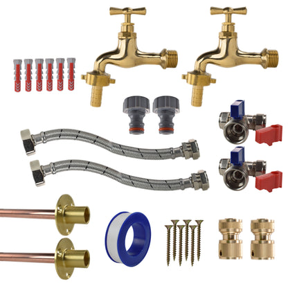 Polished brass 13mm tap kit with brass hose connectors, braided hoses, valves, fittings
