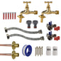 Polished brass 13mm tap kit with white/clear connectors, braided hoses, valves, fittings